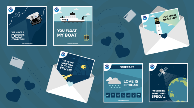 A graphic featuring NOAA Education Valentine's Day cards.