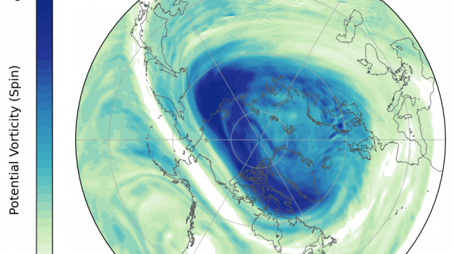 One way to track the polar vortex is through potential vorticity, which describes the amount of rotational energy, or "spin," in a parcel of air. This animation shows daily potential vorticity in the stratosphere in February 2025. The darkest blues represent the coldest, most isolated air. In the second week of February, the vortex remained strong, but began to stretch out over North America.