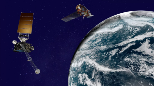 Illustration of GOES and JPSS satellites orbiting Earth.