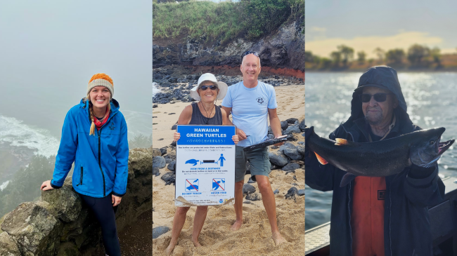 Three photos of citizen science volunteers. From left to right, the first photo is of Shelby wearing a raincoat and hat, standing on a cliff near a foggy coastline. Second, Esther and Jerry stand together on a sandy beach holding turtle monitoring equipment. Third, Craig Wollam holds a large fish while standing on a boat with the coastline in the background.
