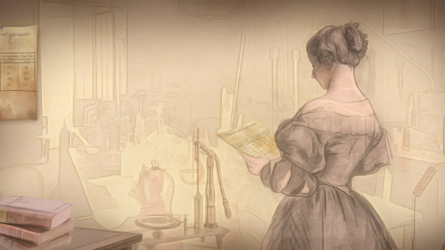 An artist's rendering of Eunice Foote, done in sepia tones. She stands facing away from us, reading a paper that she holds in her hands.