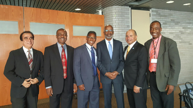 Retired Vice Adm. Manson Brown, deputy NOAA administrator, meets with center directors at the 8th Biennial EPP Education and Science Forum in New York. Left to right: Dr. Reza Khanbilvardi, City College, City University of New York; Dr. Paulinus Chigbu, University of Maryland Eastern Shore; Dr. Vernon Morris, Howard University; Larry Robinson, Florida A&M University; VADM Manson Brown, deputy NOAA administrator; and Dr. Michael Abazinge, Florida A&M University.