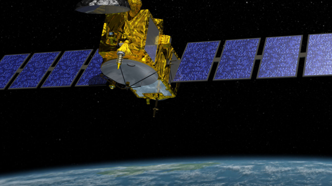 This is an illustration of the Jason-3, launched into orbit in January 2016. Measuring sea surface heights is a primary mission of the new satellite. The accuracy of these space-based sea surface measurements are validated by comparing them with real-time observations of water levels made by tide stations in the ocean.
