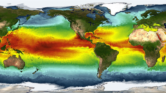 A simulation of sea-surface temperatures from the Geophysical Fluid Dynamics Laboratory. This model inspired the U.S. Postal Service to create a Forever international rate stamp, released on Earth Day in 2014.
