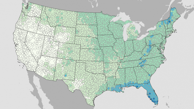 Historic chances of rain on the Fourth of July, based on US Climate Normals data. 