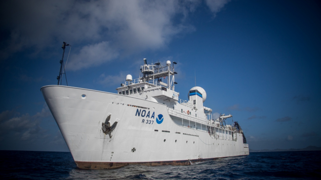 The aft deck of NOAA Ship Okeanos Explorer while transiting back to Pearl Harbor, Oahu. The onboard team spent the day catching up on paperwork, finalizing cruise documentation, and working on end-of-cruise demobilization.