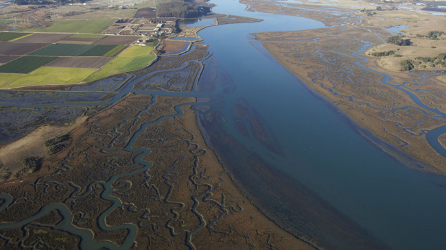 Aerial photo of Elkhorn Slough National Estuarine Reserve Reserve at Moss Landing, California.
