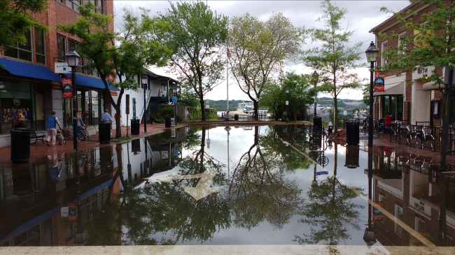 Pedestrians stroll past standing water in Old Town Alexandria, Virginia, in May 2016 after high tides in the Potomac River inundated the street. 