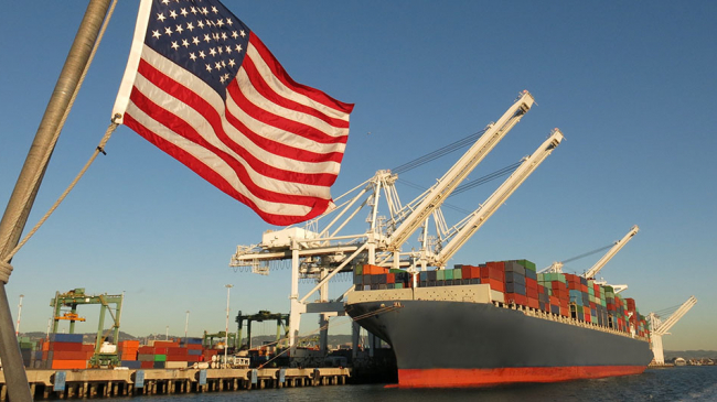 American flag with fishing vessel.