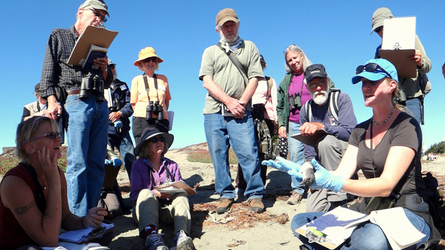Demonstrating surveying techniques to volunteers.