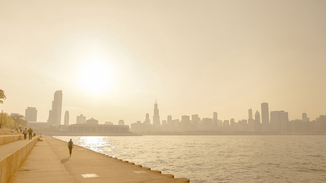 The Chicago skyline on a hot day.