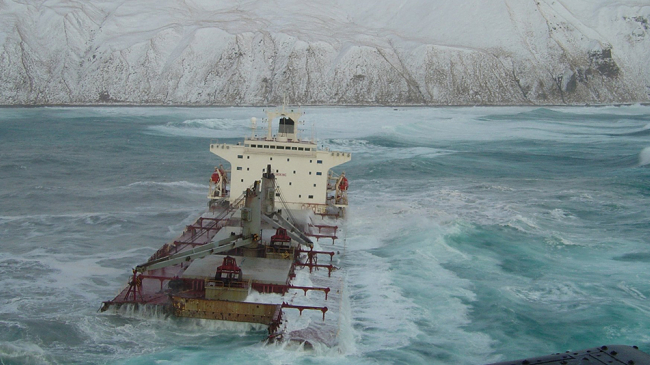 Bulk carrier near Unalaska island, a Southern island in Alaska.