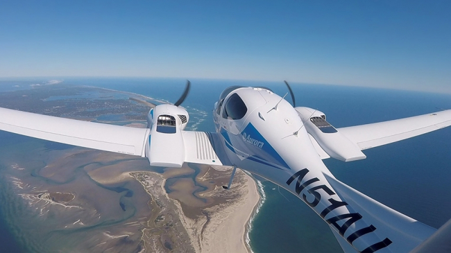 The Centaur flies over Nantucket, Massachusetts, as part of a project to identify great white sharks. The plane was operated remotely from a nearby research vessel.