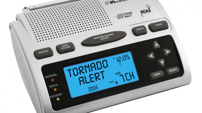 You can find this and other types of weather radios in electronics stores and online.