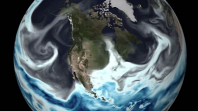 Published on May 11, 2016
NOAA's Global Forecast System model visualized on NOAA’s Science on a Sphere. Gray, blue and white colors depict moisture in the atmosphere on May 11, 2016, over North America. 