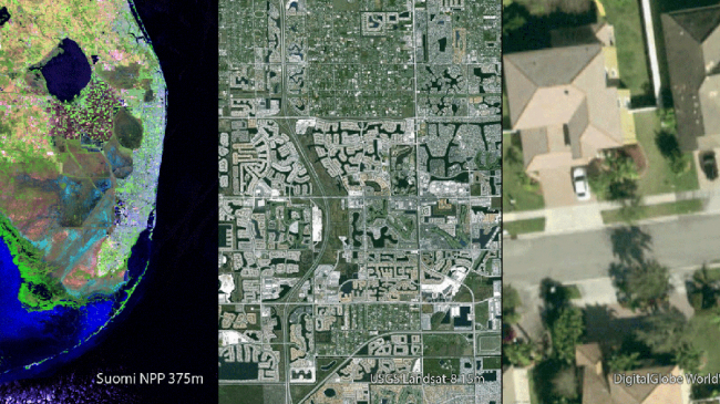 Satellite imagery comparison from low to hi-resolution.

