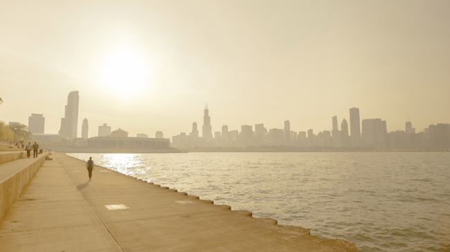 A heat wave and smog on the shoreline of Chicago Illinois.