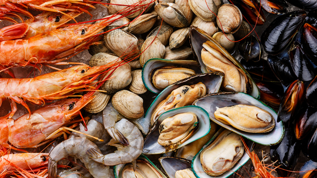 Shrimp, clams, and mussels. 