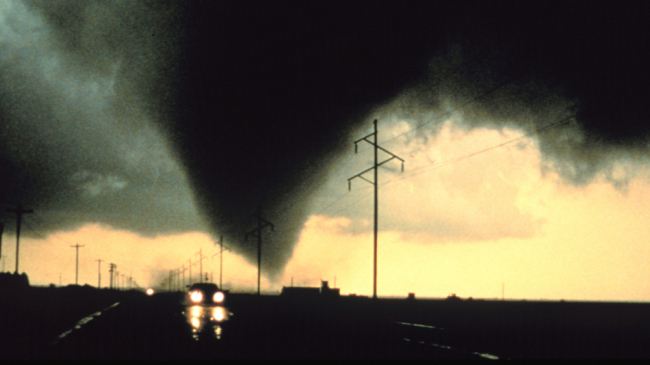 
The day they arrived in Oklahoma to begin filming, most of the "Twister" cast, including star Bill Paxton, went storm-chasing with NOAA researchers participating in the VORTEX field project designed to study tornadoes like this one. Though the cast didn't see any tornadoes that day, VORTEX scientists took measurements of this one that occurred June 2, 1995, south of Dimmitt, Texas.