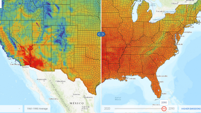 A map of the continental U.S. being divided with a line down the middle. West of the line shows historical temperature data and east of the line shows a modeled projection, which is much warmer.