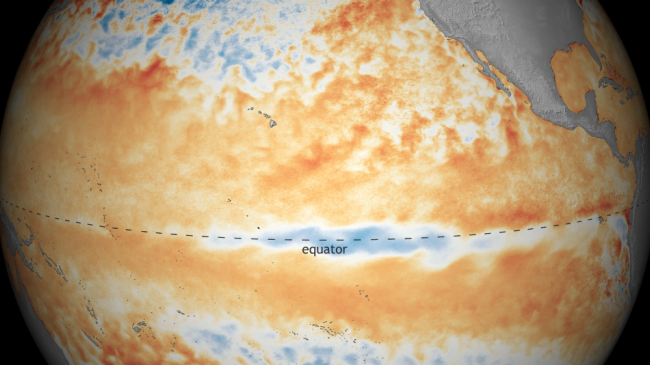 Surface temperature in the tropical pacific in June 2016 compared to the long-term average. 