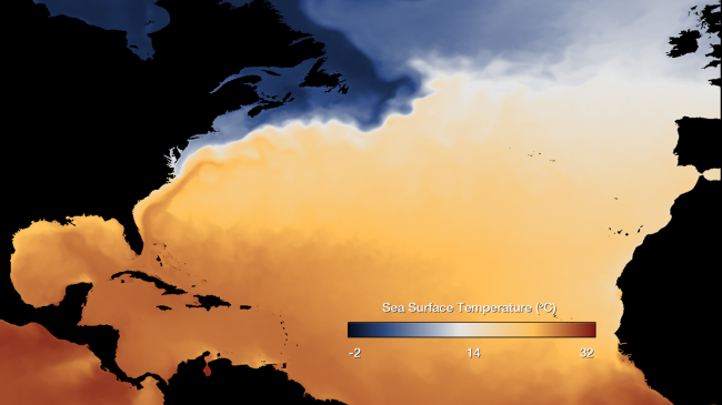 A map showing sea surface temperature in the North Atlantic Ocean. Warmer and cooler waters are shown in contrasting colors and all water south of the Gulf Stream current is much warmer than the water north of it.