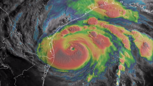 NOAA's GOES-16 satellite (now GOES-East) captured this infrared/visible image of Hurricane Harvey on August 25, 2017.