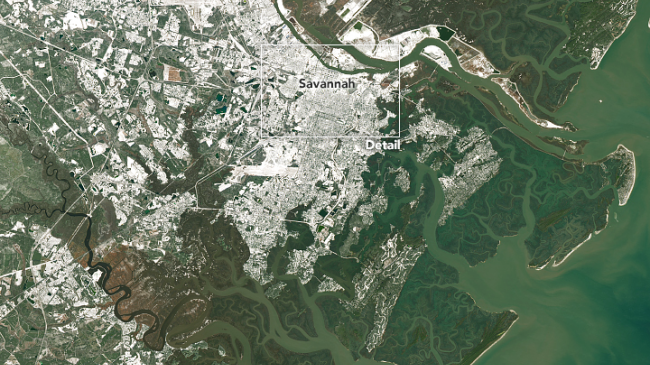 In a rare event, a powerful winter storm dropped snow in parts of the Southeastern U.S. in January 2018. The Operational Land Imager (OLI) on Landsat 8 captured an image of snow covering Savannah, Georgia, on January 4, 2018. The Savannah airport received 1.2 inches of snow on January 4, the most since 1989. To see a zoomed-in image of the Forsyth Park area (boxed area of detail), see NASA's story page at https://go.nasa.gov/2EoyR5W.