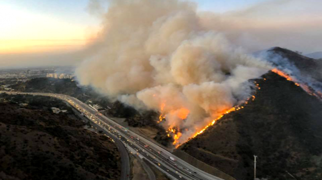 An aerial photo taken October 28, 2019, by the Air Ops team from the Los Angeles County Fire Department of California's Getty Fire.