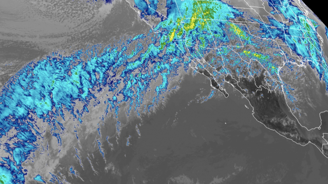 An atmospheric river drenched California with heavy rain and mountain snow the week of February 10, 2019, triggering flash floods, mudslides and winter storm warnings in the Sierra Nevada. This "conveyor belt" of clouds and moisture stretching across the Pacific Ocean easily stands out in this Feb. 14, 2019, infrared image from NOAA's newly operational GOES West (GOES-17) satellite. 