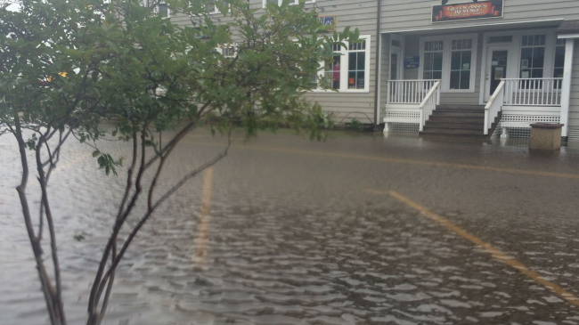 Front Street in Beaufort, North Carolina, during a so-called "king tide." High tide flooding causes such public inconveniences as frequent road closures, overwhelmed storm drains and compromised infrastructure.
