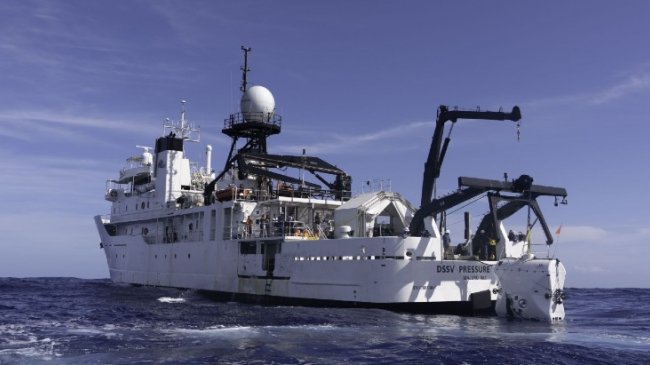 Caladan Oceanic's Deep Submersible Support Vessel Pressure Drop launching the full ocean depth submersible called Limiting Factor, from Triton Submarines. 