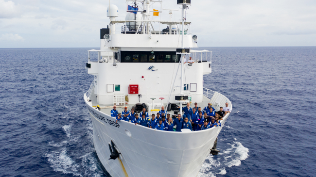 Photo taken by aerial drone of the Deep Submersible Support Vessel Pressure Drop with its crew on the day explorers Victor Vescovo and Kathy Sullivan dived in a submersible vehicle to the bottom of Challenger Deep, the deepest known part of the world’s ocean. June 7, 2020. 