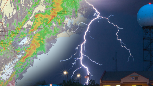 The radar image depicts a line of showers and thunderstorms moving through parts of eastern Texas and western Louisiana. The radome (tower; right) is located at NOAA's National Weather Service office in El Paso, Texas.
