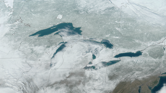 An image from space of the Great Lakes from NOAA’s GOES-16 satellite on January 20, 2020. What's missing from the Great Lakes in this image? Ice. Looking through the cloud cover you can see that ice coverage of the Lakes was well below what is expected for this time of the year. (2020 image).