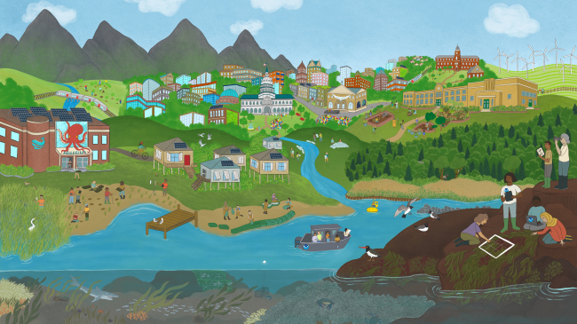 Illustration of the NOAA ELP Vision of A Resilient Community depicting a city along a coast and river with the following depicted: trees being planted as urban heat island abatement; an aquarium with people restoring a nearby coastal wetland to mitigate flooding; sustainable design with green infrastructure; a healthy community with people biking and exercising outside; a city hall with youth and adults presenting their ideas to officials; a shoreline that is protected with restored oyster reefs; students