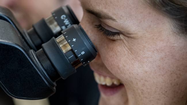Marine climate scientist Katherine Allen in the lab using a microscope as part of her marine research. 
