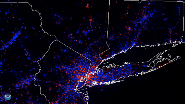 Tapping into data from the NOAA/NASA Suomi NPP satellite’s Day/Night Band, NOAA’s Joint Polar Satellite System (JPSS) colleagues at the Cooperative Institute for Research in the Atmosphere, Cooperative Institute for Meteorological Satellite Studies, and the Colorado School of Mines examined the difference in illumination of urban and suburban lights between February and March, 2020. By doing so, the scientists were able to detect areas of dimming (blue), and in some cases brightening (red), of