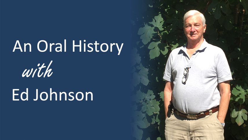 The words "Oral History with Dr. Ed Johnson" in white over a blue gradient, with a photo of Dr. Johnson to the right.
