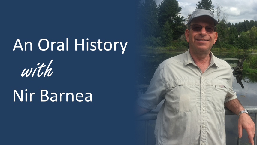 The words "Oral History with Nir Barnea" in white over a blue gradient, with a photo of Mr. Barnea to the right.