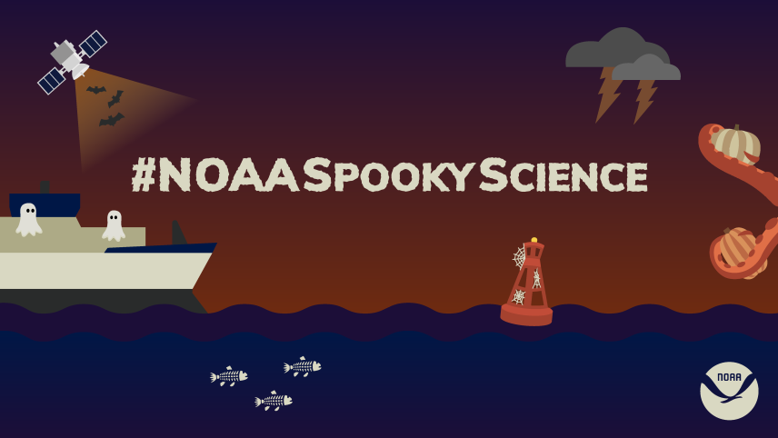 A graphic with the text #NOAASpookyScience surrounded by imagery of a ship with ghosts floating on it, skeleton fish swimming in the ocean, a satellite shining a beam onto a group of bats, lightning clouds, a buoy covered in spiderwebs, and tentacles holding pumpkins.