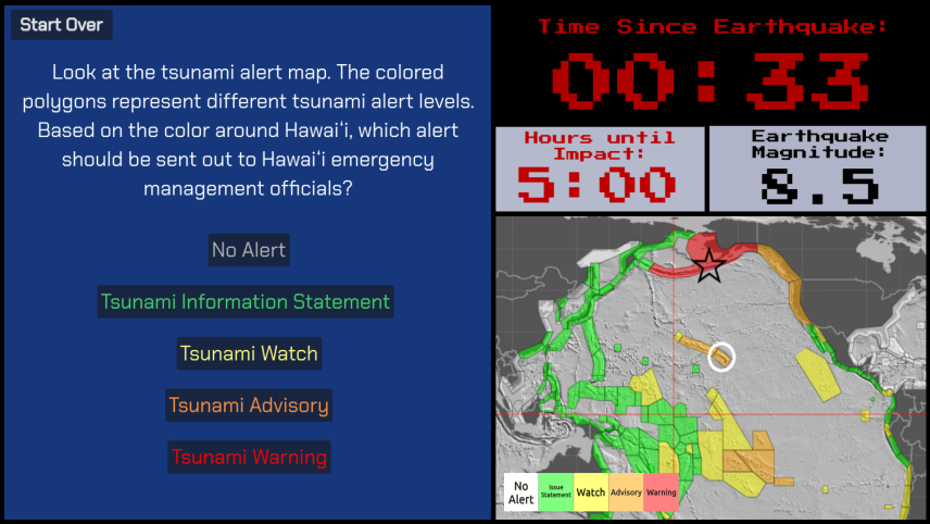 A computer screen that presents the user with a scenario. It shows a map of the Pacific Ocean basin with tsunami warning levels, from no alert up to a warning, indicated around various continents' borders. The user is asked to look at the map and determine what type of alert, if any, to send out to emergency management officials in Hawaiʻi. The screen also shows how long ago the scenario's earthquake occurred, hours until tsunami impact, and earthquake magnitude.