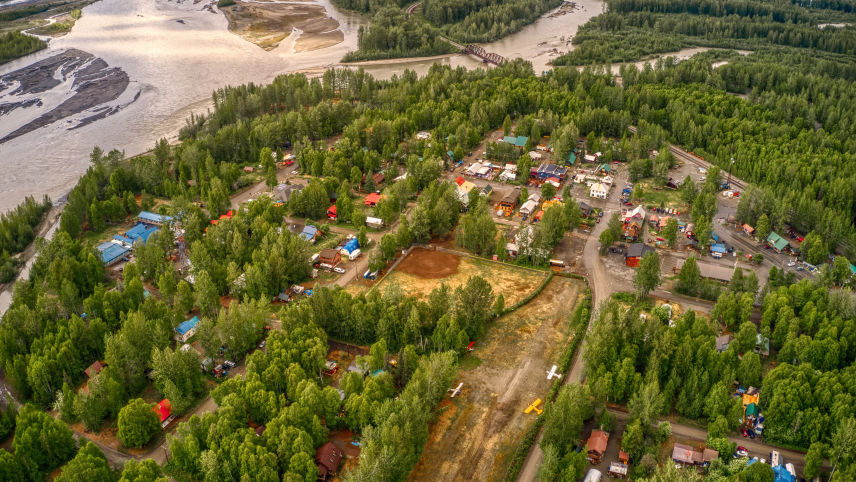 Aerial view of the remote Village of Talkeetna, Alaska during summer