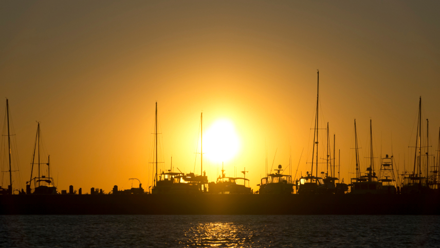 Silhouettes of boats docked at a harbor during a golden sunset.