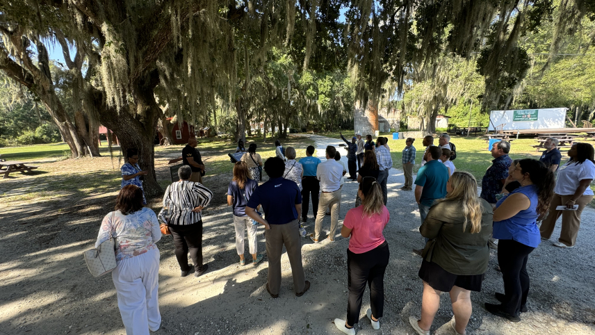 A group of people gathered outdoors under a large tree with hanging Spanish moss and open grassy areas and buildings in the background. 