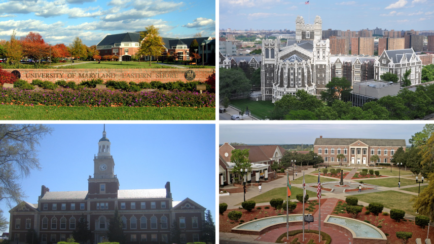 A grid of four photos of different college campuses.