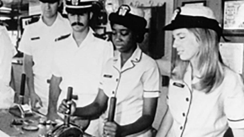 In 1973, then Ensign Evelyn Fields (third from left) joined other NOAA Corps members in performing bridge operations. In 1999, and as RADM Evelyn Fields, she became the first woman and first African American to become director of NOAA Corps and NOAA’s Office of Marine and Aviation Operations.