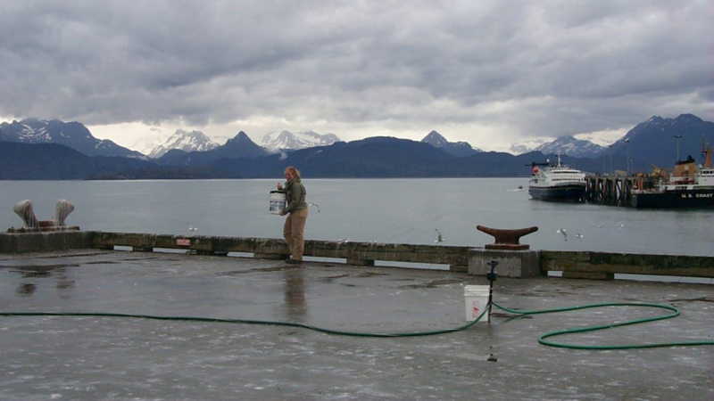 Kaitlin stands on a dock holding a bucket and laughing.
