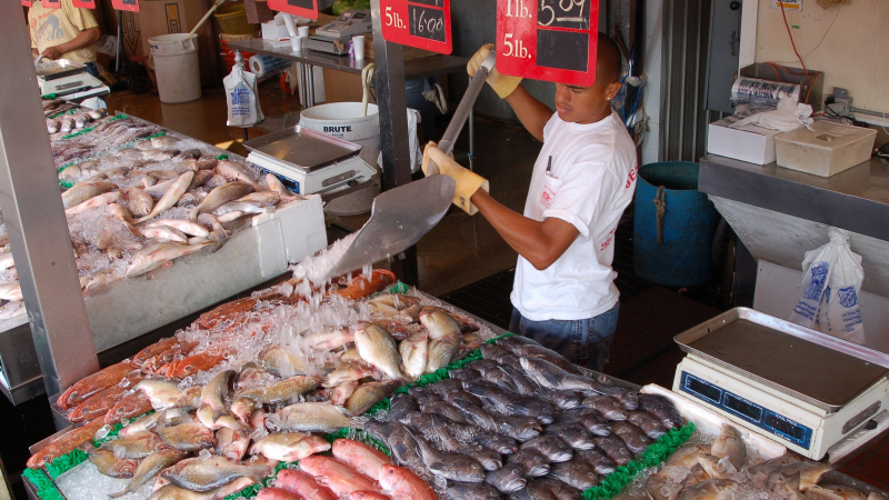 Seafood in open air market.