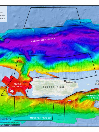 This map shows the areas NOAA Ship Okeanos Explorer will explore during the 20 ROV dives to be conducted between 
April 10 and 30 in and around the Puerto Rico Trench and the U.S. Virgin Islands. Data displayed provided by ESRI, Delorme, GEBCO, USGS, NOAA NGDC, and other contributors; map created with ESRI ArcMap software.